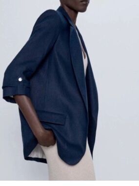 Zara Dark Navy Open-Front Linen Blazer with Roll-Tab Sleeves